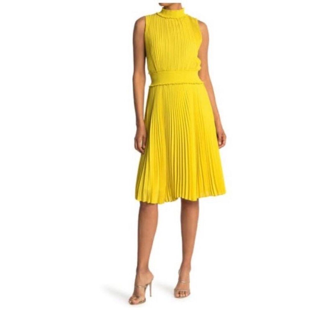 Nanette Lepore Women Yellow Sleeveless Accordion Pleat Smocked Dress Size 10